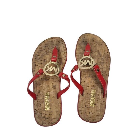 Michael Kors Jelly Flip Flop Sandals W/ MK Logo Charm & Cork Footbed SZ 6 RED - Picture 2 of 5